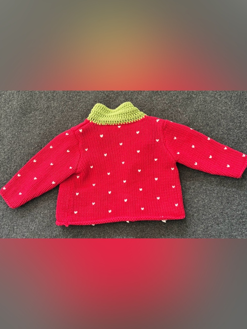 Koala Kids Red Knit Cardigan with Green Crochet Collar - Picture 5 of 6